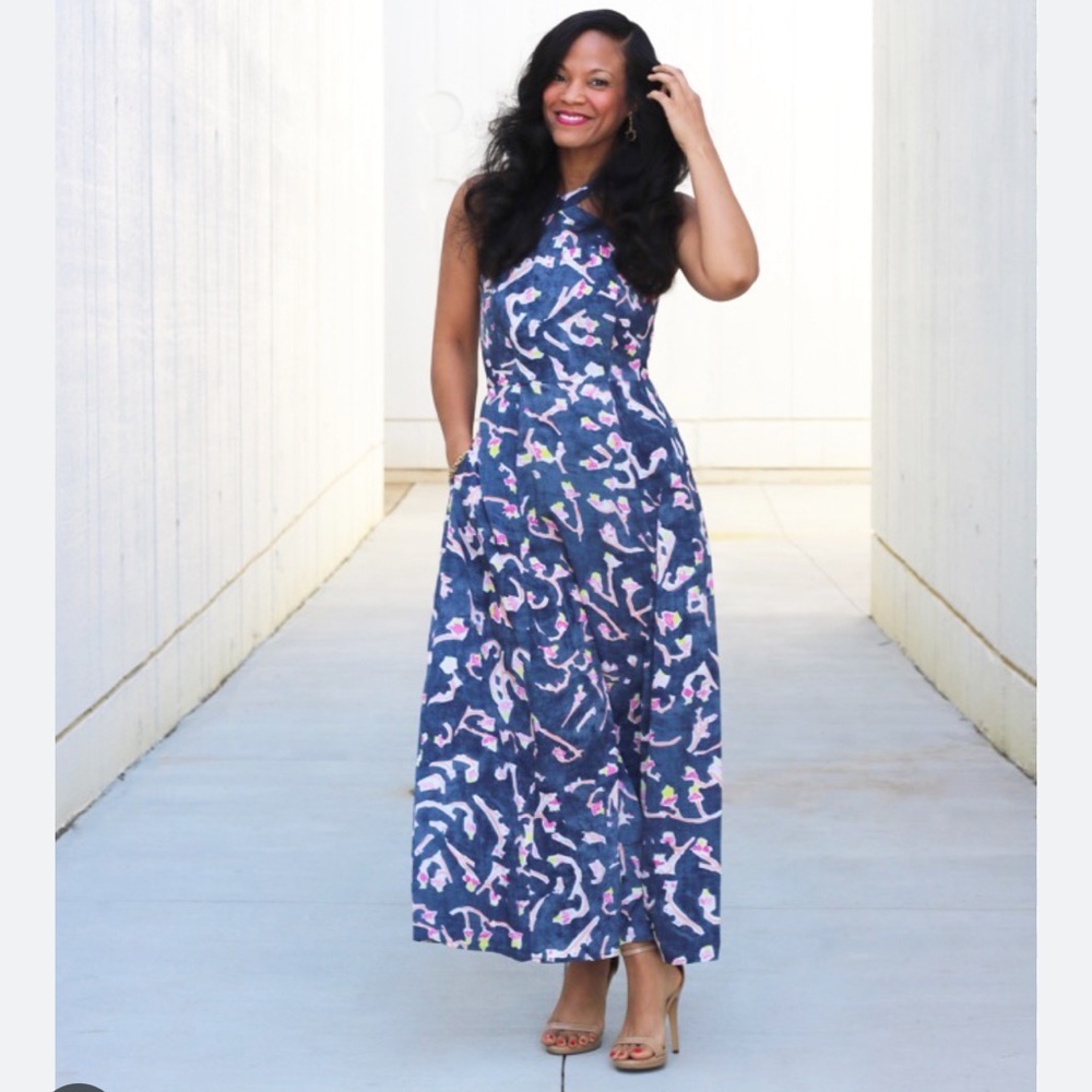 CAbi Aurora Blue Floral Maxi Dress Size 4